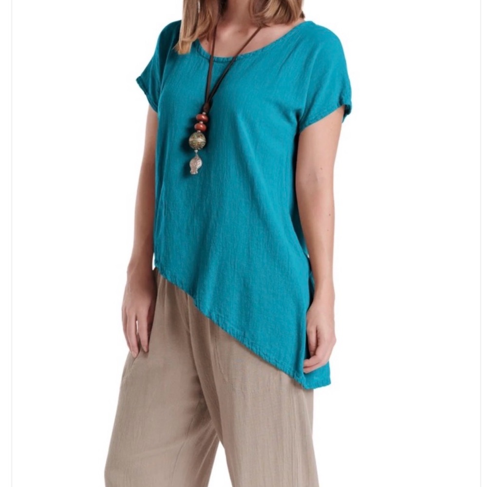 Oh My Gauze! Daytona SS Cotton Gauze Blouse 2/L/XL Turquoise Asymmetrical Hem
